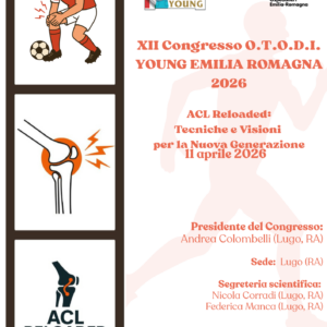 Poster del XII Congresso O.T.O.D.I. Young Emilia Romagna 2026 Titolo: ACL Reloaded: Tecniche e Visioni per la Nuova Generazione 11 aprile 2026 Illustrazione di calciatore che si fa male al ginocchio. Illustrazione dello scheletro, zoom ginocchio con icone di fulmini per simboleggiare problemi