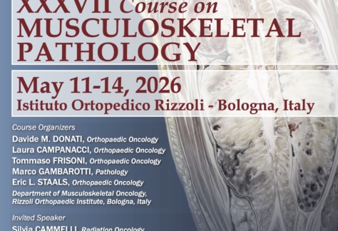Copertina per corso XXXVII Course on Musculoskeletal Pathology, May 11-14, 2026 Bologna Italy Background: Scientific Illustration of a Muscle The Image also presents the list of Course Organizers and Invited Speakers. Associated with the IRCSS and Associazione Mario Campanacci.