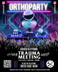 ORTHOPARTY TRAUMA MEETING 2026 Flyer evento serale nel contesto di congresso medico in ambito ortopedico