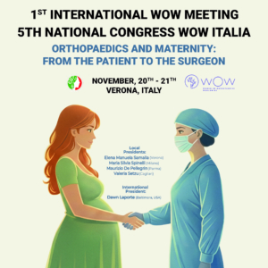 Illustration of a pregnant woman and a surgeon facing each other and holding hands, promoting an orthopaedics and maternity congress in Verona, Italy on November 20-21.