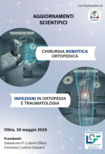 Poster for a scientific meeting on robotic orthopedic surgery and infections in orthopedics and traumatology, scheduled for May 30, 2026, in Olbia, with images of a robot and human bones.