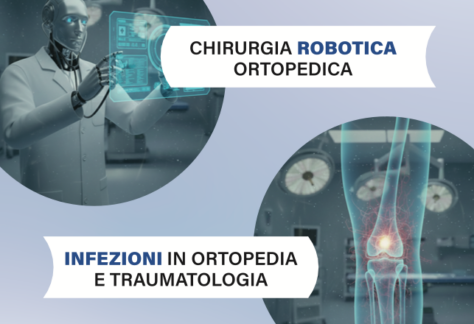 Poster for a scientific meeting on robotic orthopedic surgery and infections in orthopedics and traumatology, scheduled for May 30, 2026, in Olbia, with images of a robot and human bones.